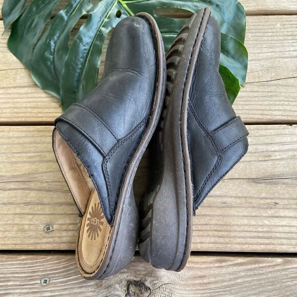 Ugg Livia Black Leather Slip On Mules Sherpa Lined Size 6 - Picture 3 of 8